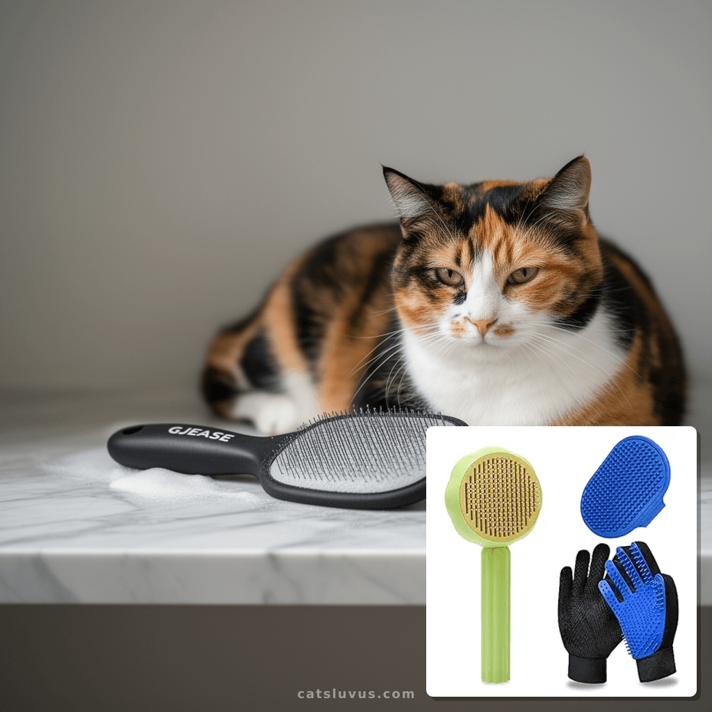 GJEASE Cat Grooming Glove Brush with cat - professional product lifestyle photo