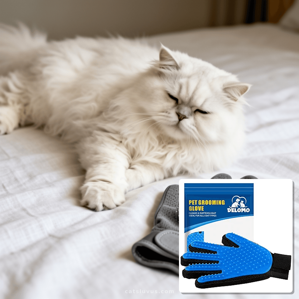 Pet Hair Remover Glove - Gentle Pet Grooming Glove Brush - with cat - professional product lifestyle photo