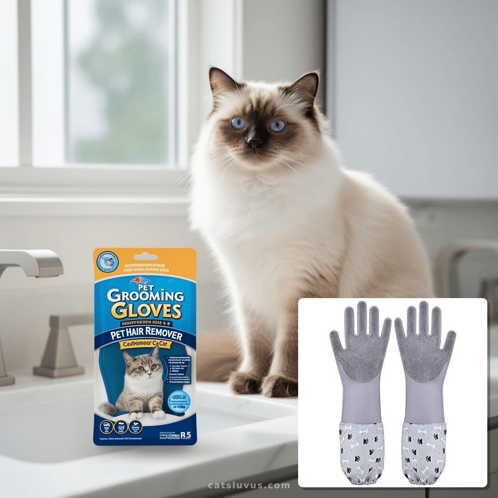 Pet Grooming Gloves Pet Hair Remover Cat with cat - professional product lifestyle photo