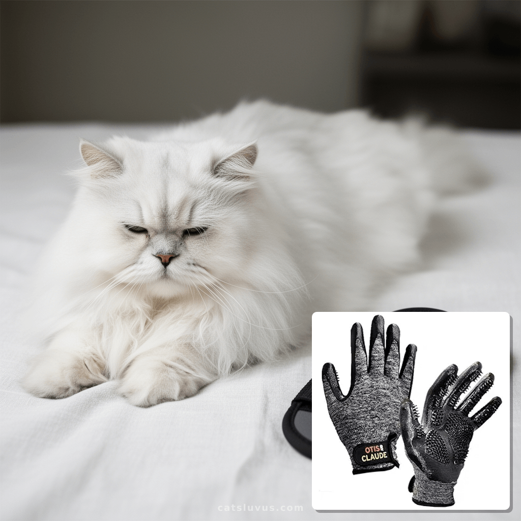 Otis and Claude Pet Grooming Gloves with Adjustable Strap -  with cat - professional product lifestyle photo