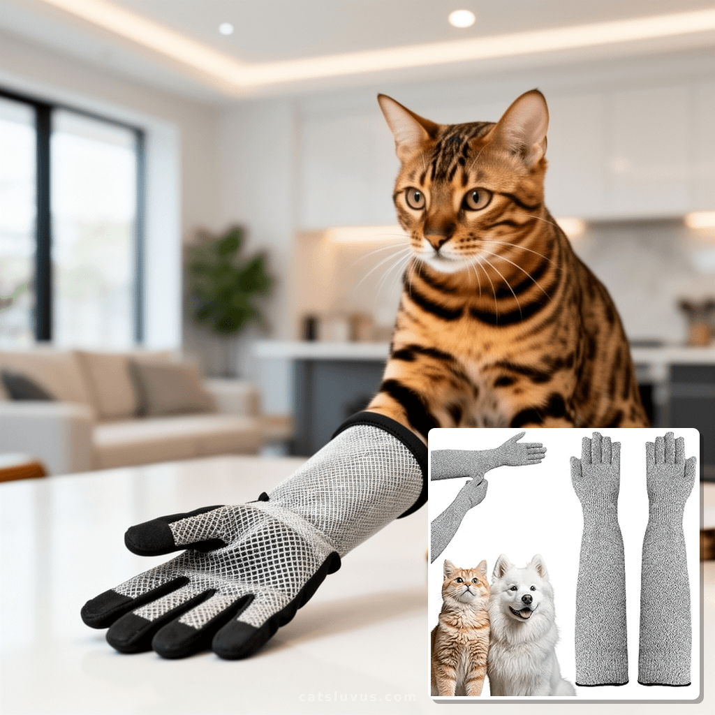 Pet Handling Gloves – 16" Extra-Long Kevlar Cat Grooming Arm with cat - professional product lifestyle photo