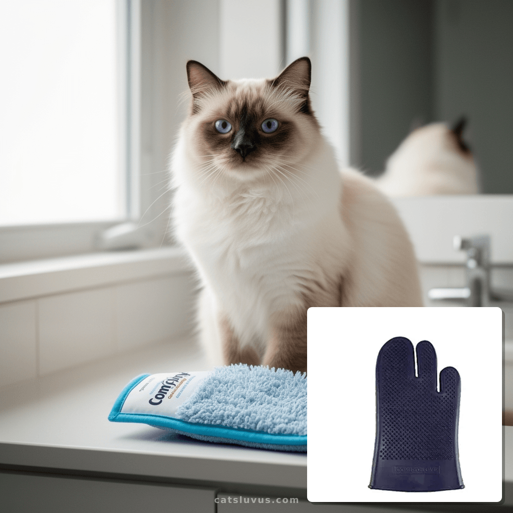 Comfy Pet Grooming & Bathing Glove - Fits Either Hand - Soft with cat - professional product lifestyle photo