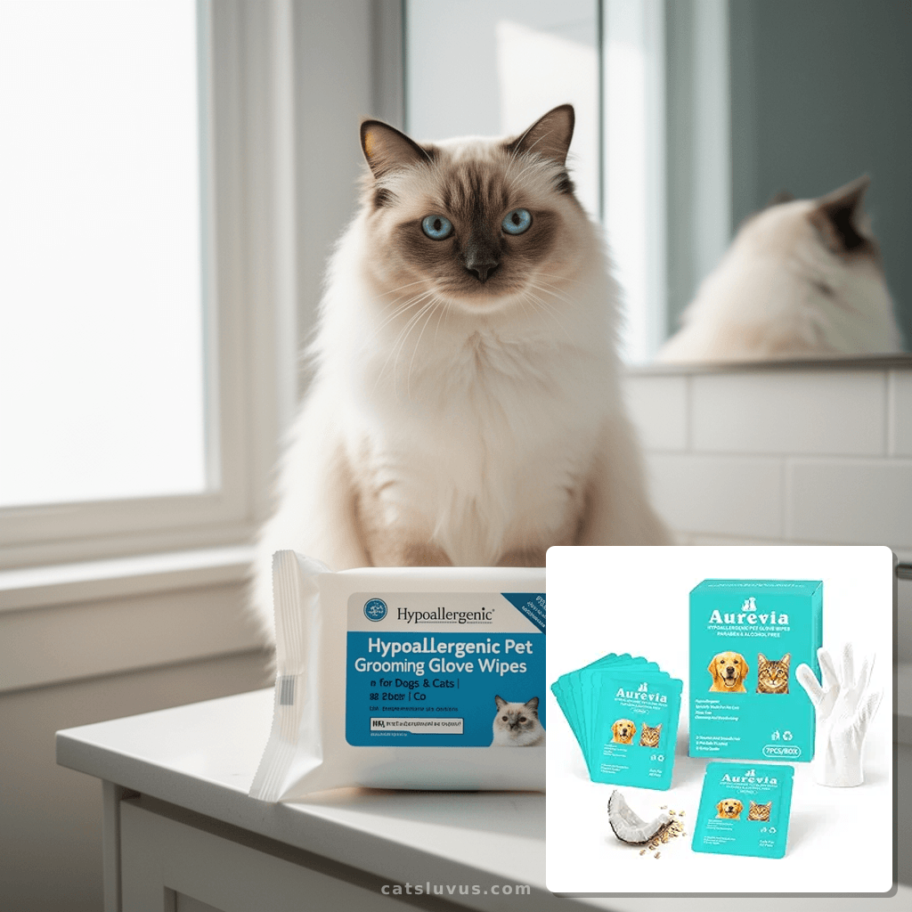 Hypoallergenic Pet Grooming Glove Wipes for Dogs & Cats | Co with cat - professional product lifestyle photo