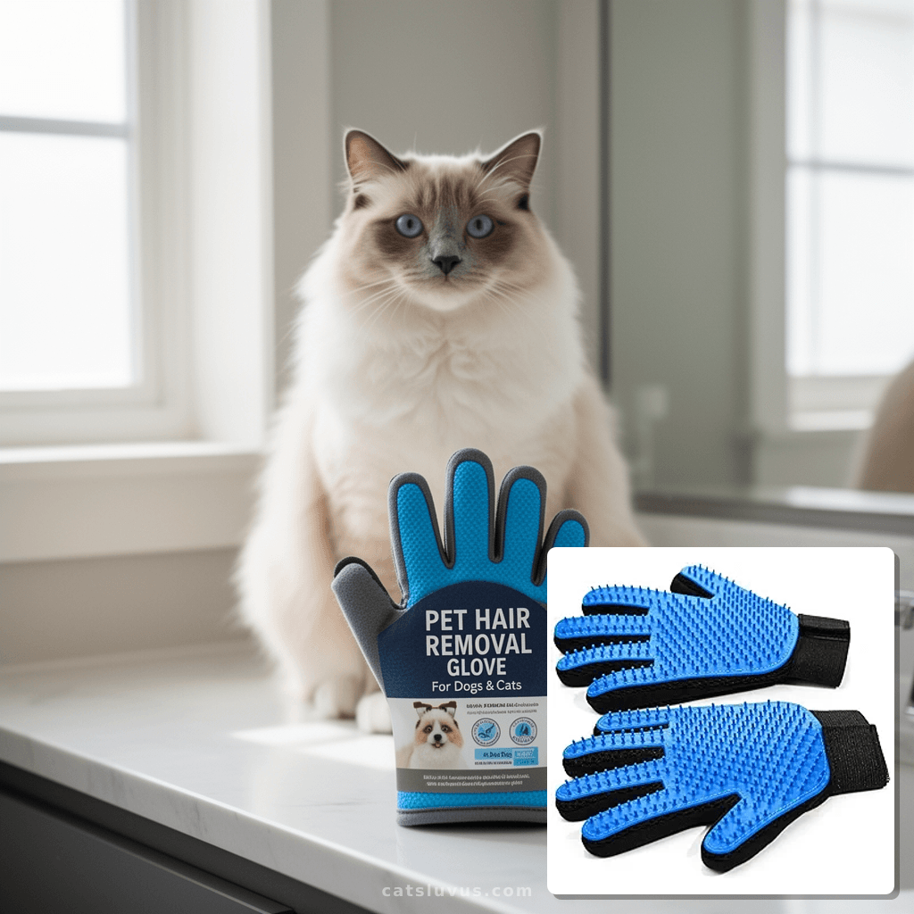 Pet Hair Removal Glove for Dogs & Cats with cat - professional product lifestyle photo