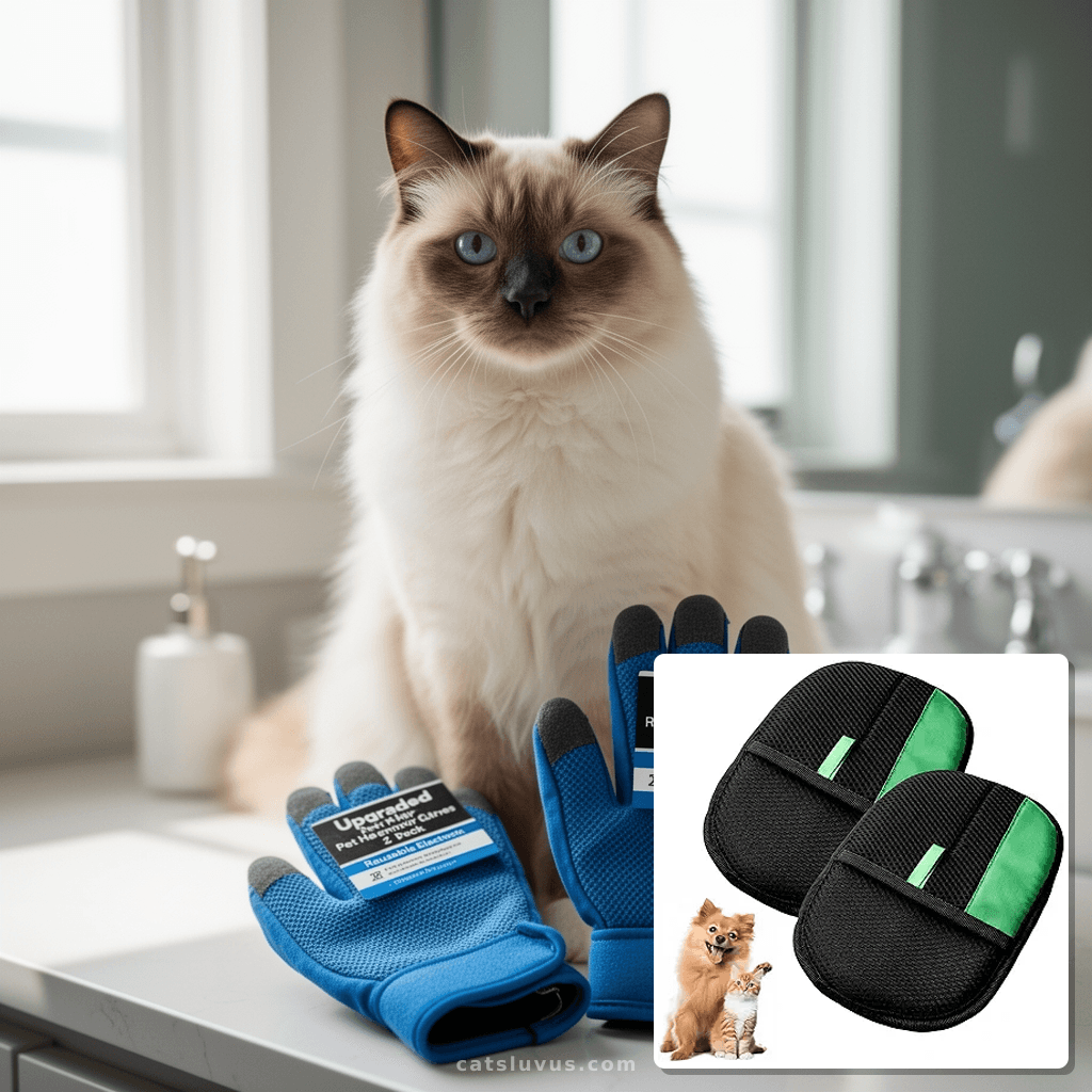 Upgraded Pet Hair Remover Glove 2 Pack – Reusable Electrosta with cat - professional product lifestyle photo
