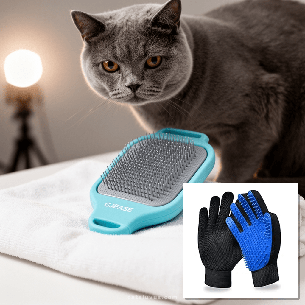 GJEASE Cat Grooming Glove Brush with cat - professional product lifestyle photo