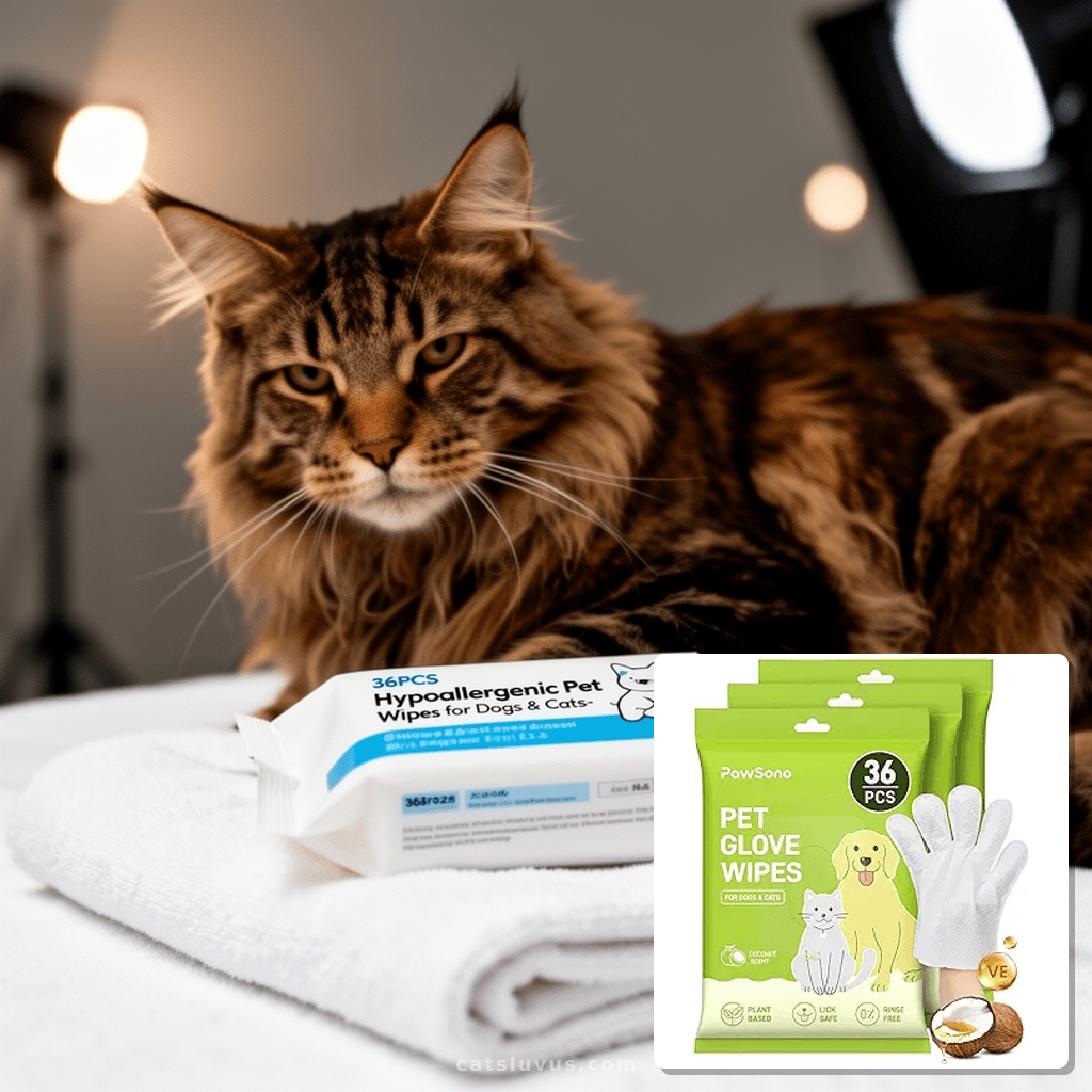 36PCS Hypoallergenic Pet Glove Wipes for Dogs & Cats - Quick with cat - professional product lifestyle photo