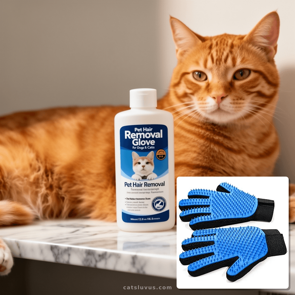 Pet Hair Removal Glove for Dogs & Cats with cat - professional product lifestyle photo