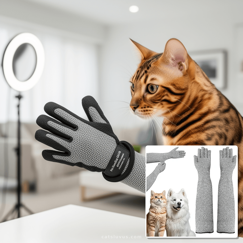 Pet Handling Gloves – 16" Extra-Long Kevlar Cat Grooming Arm with cat - professional product lifestyle photo