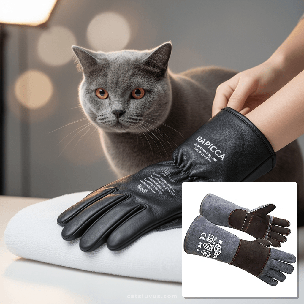 RAPICCA Animal Handling Gloves Bite Proof Double Leather with cat - professional product lifestyle photo