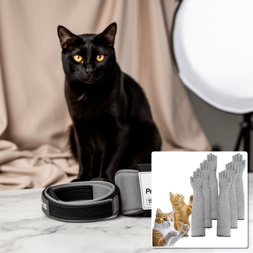 Ultra-Flexible Pet Handling Sleeves: 15.7” Kevlar Scratch- with cat - professional product lifestyle photo
