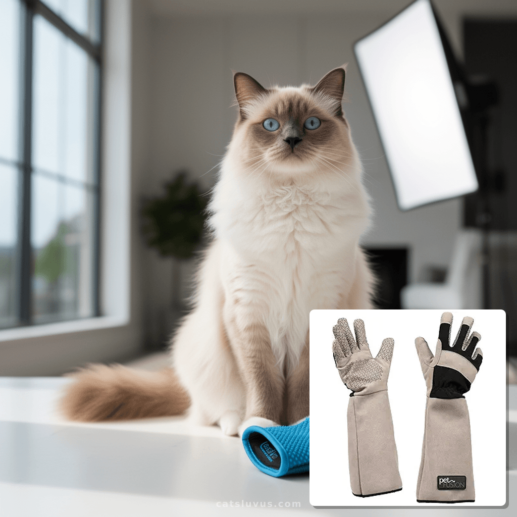 PetFusion Multipurpose Pet Glove for Grooming with cat - professional product lifestyle photo