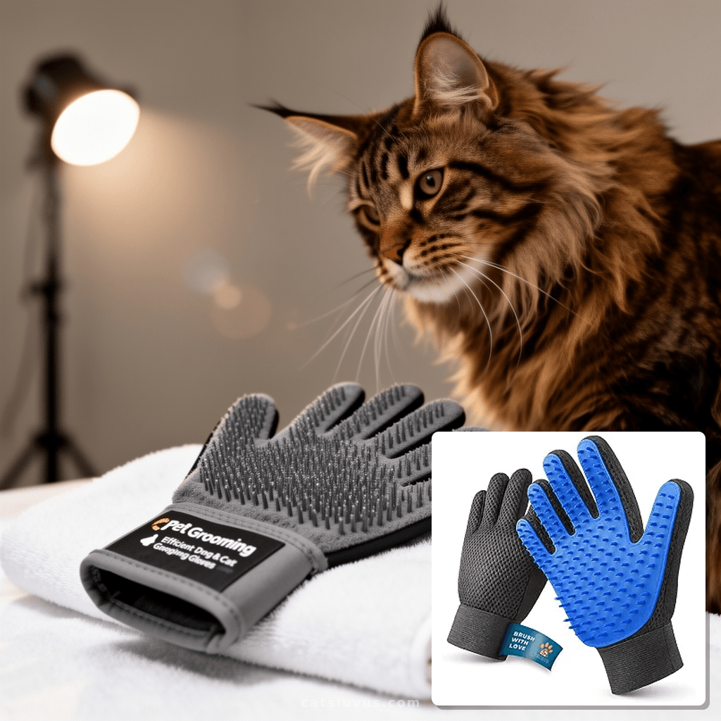 Pet Grooming Gloves – Efficient Dog & Cat Grooming Gloves 2- with cat - professional product lifestyle photo