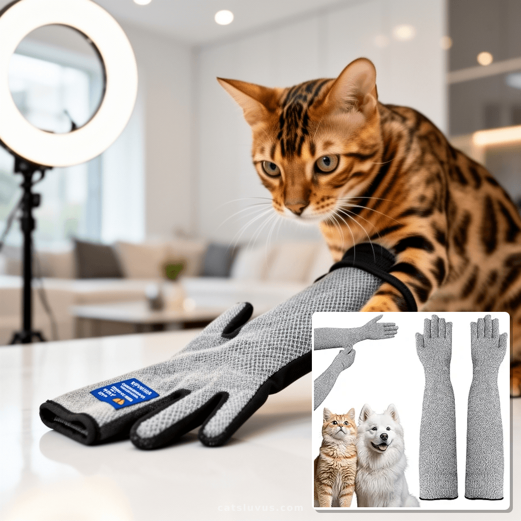 Pet Handling Gloves – 16" Extra-Long Kevlar Cat Grooming Arm with cat - professional product lifestyle photo