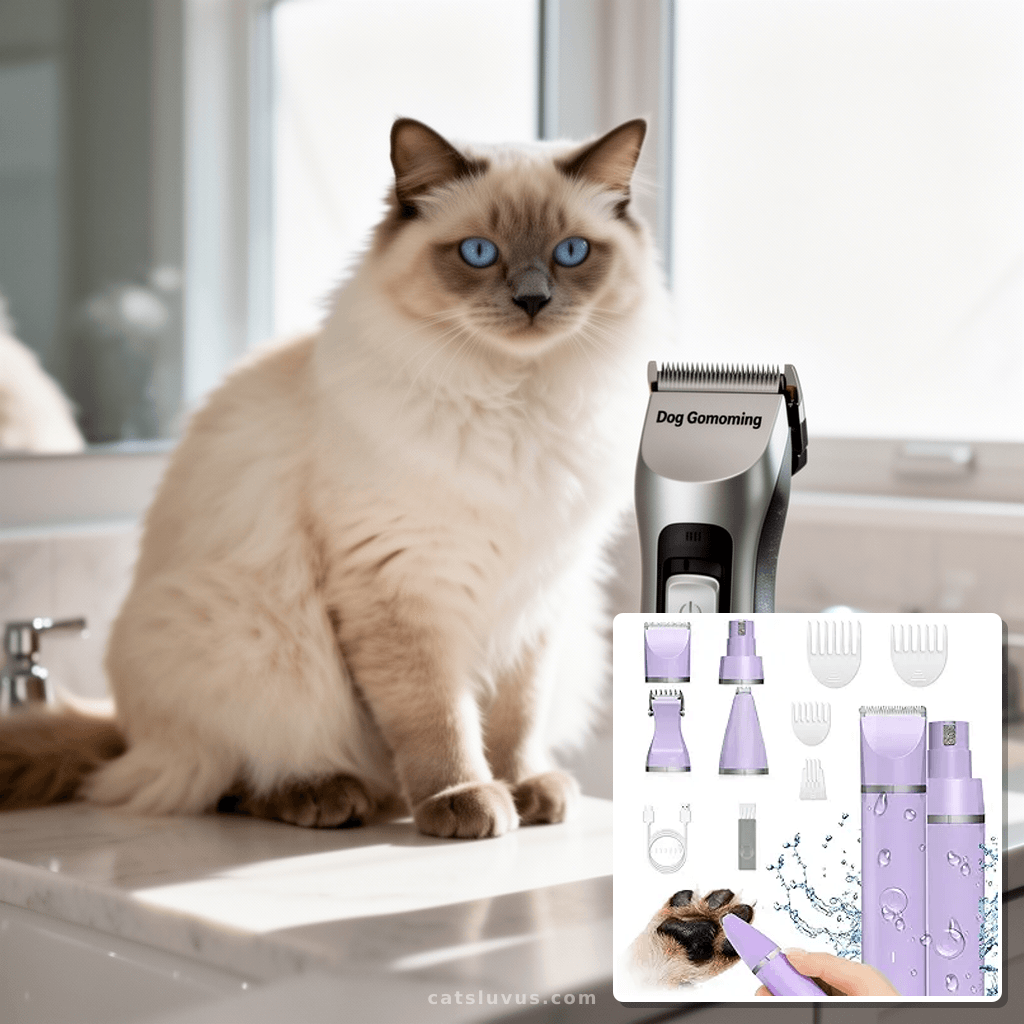 Dog Grooming Clippers Kit-Electric Rechargeable Cat Trimmer  with cat - professional product lifestyle photo