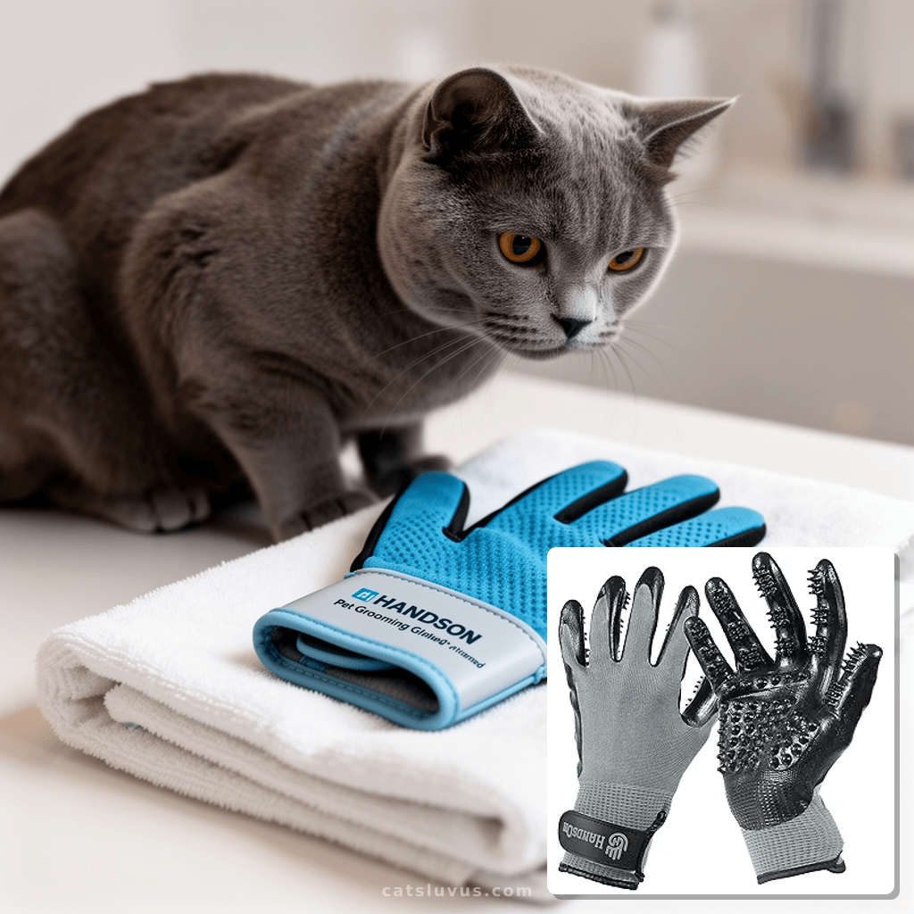 H HANDSON Pet Grooming Gloves - Patented #1 Ranked with cat - professional product lifestyle photo