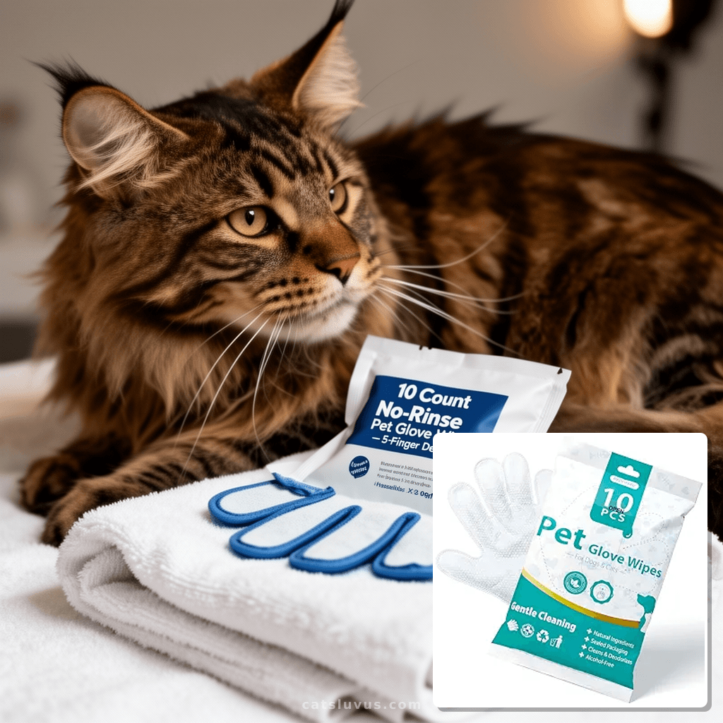 [10 Count] No-Rinse Pet Glove Wipes – 5-Finger Design with cat - professional product lifestyle photo