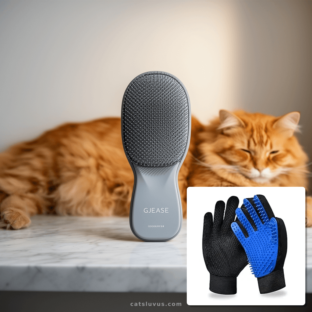 GJEASE Cat Grooming Glove Brush with cat - professional product lifestyle photo