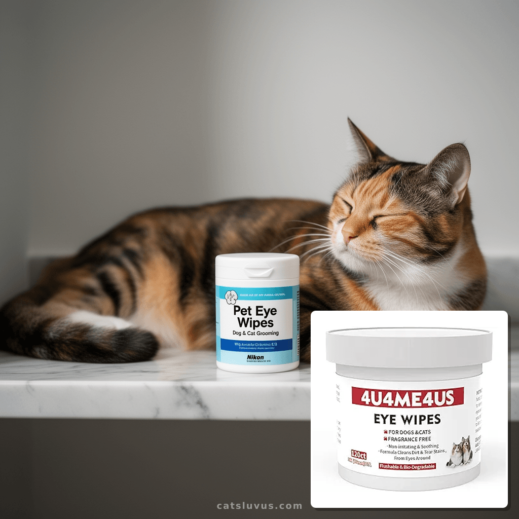 Pet Eye Wipes for Dog & Cat Grooming with cat - professional product lifestyle photo