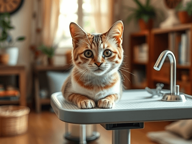 Cat owner reviewing cat grooming table with adjustable height options for their pet in 2026