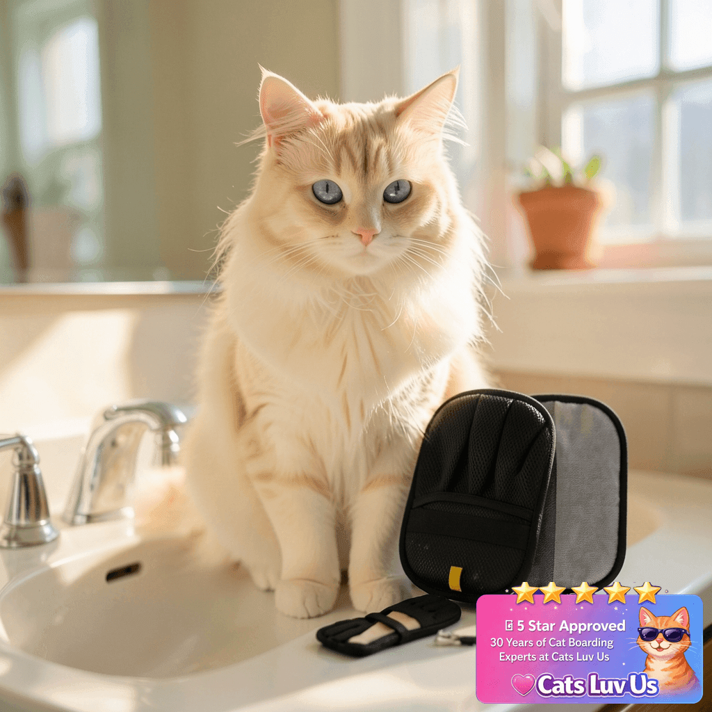 Bumilily Pet Hair Removal Glove for Cats and Dogs - with cat - professional product lifestyle photo