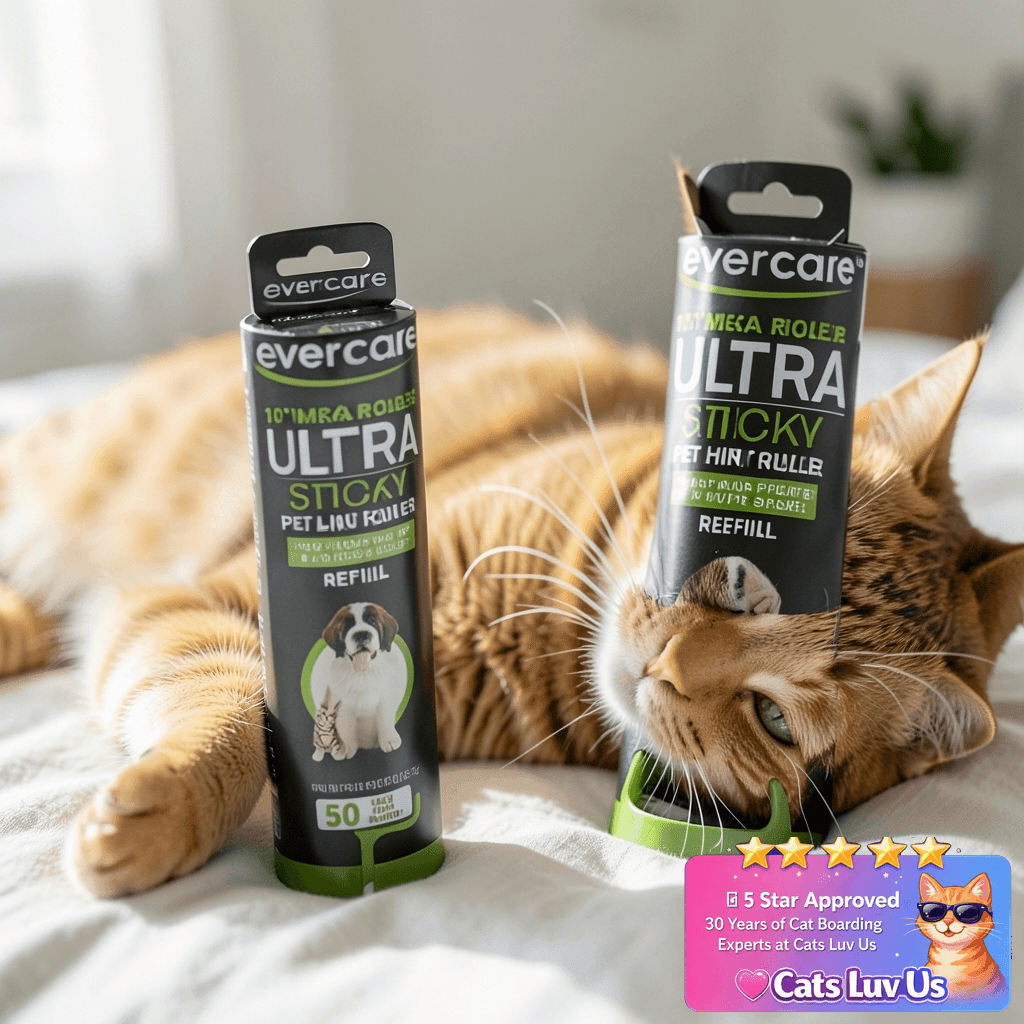 Evercare 10” Mega All-Purpose Pet Hair Lint Roller Refill with cat - professional product lifestyle photo