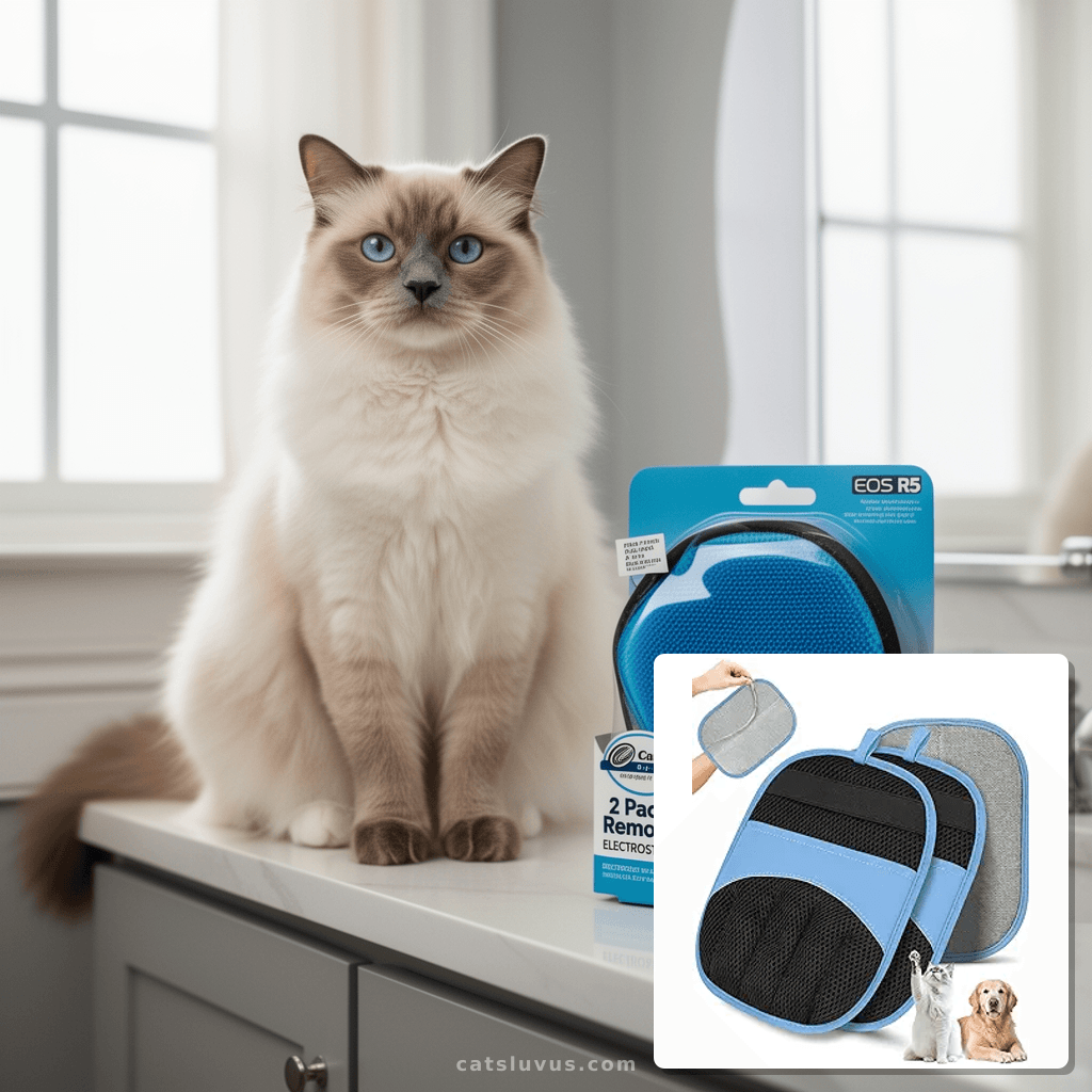 2 Pack Pet Hair Removal Glove - Electrostatic Magic Brush Gl with cat - professional product lifestyle photo