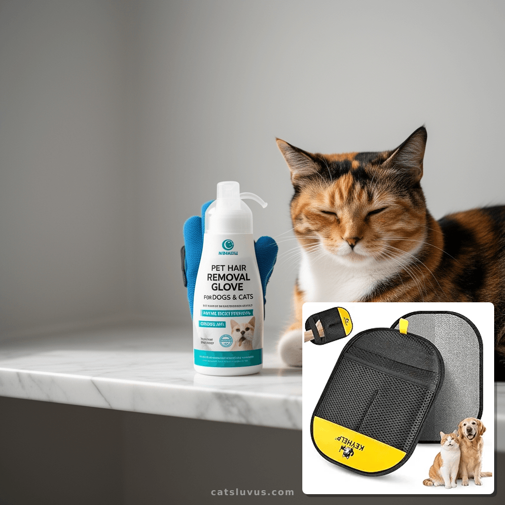 Pet Hair Removal Glove for Dogs & Cats with cat - professional product lifestyle photo