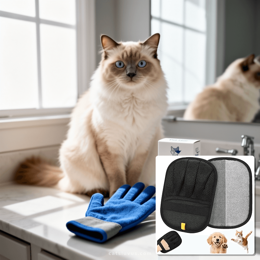 Pet Hair Removal Glove for Cats and Dogs - Electrostatic Pet with cat - professional product lifestyle photo