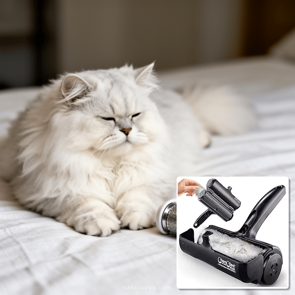 ChomChom Roller Pet Hair Remover – Original Size Reusable Li with cat - professional product lifestyle photo
