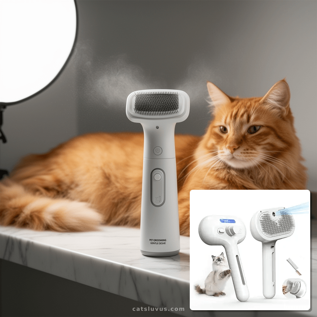 Pet Grooming Brush with Electronic Mist Spray - Gentle Deshe with cat - professional product lifestyle photo