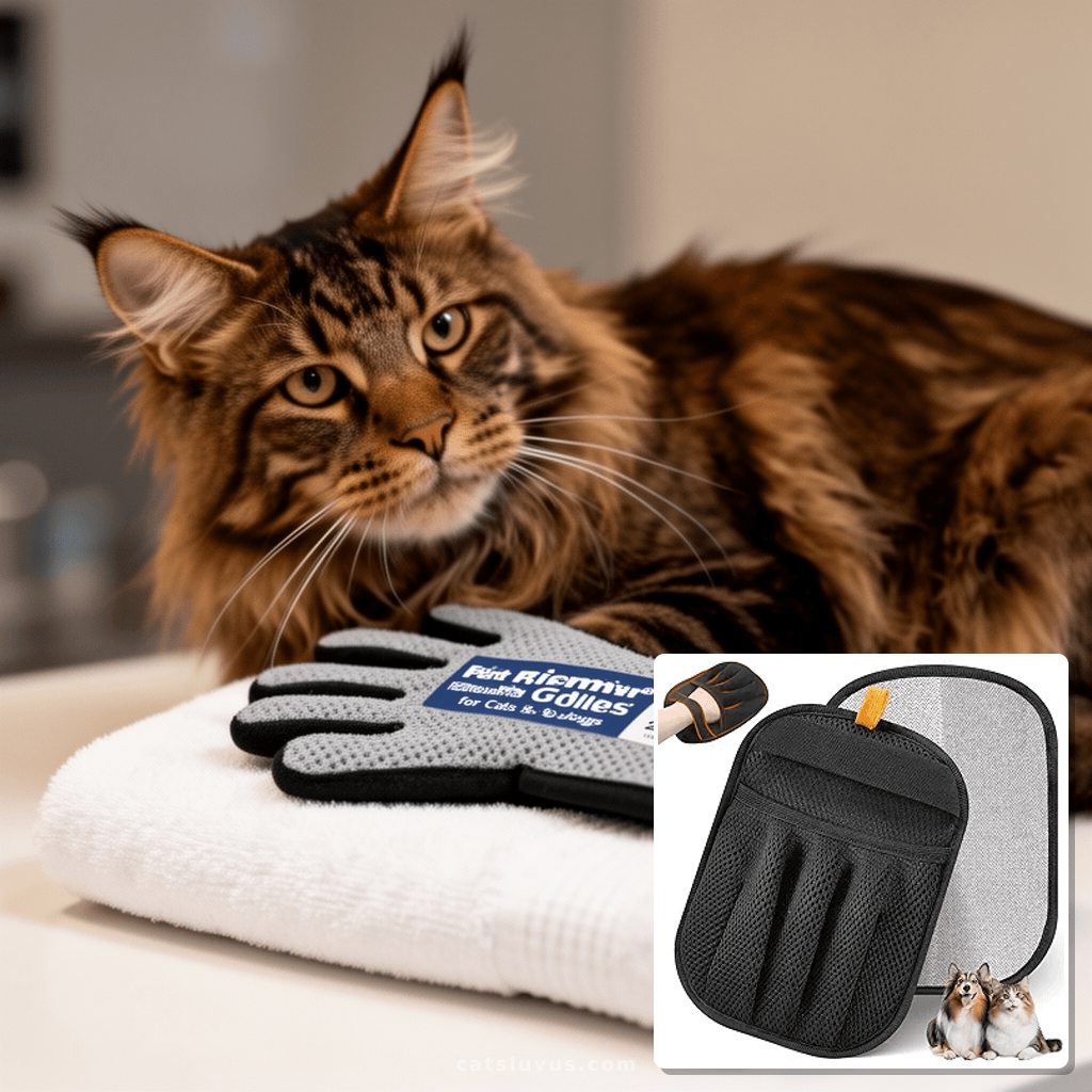 Pet Hair Removal Glove for Cats & Dogs with cat - professional product lifestyle photo