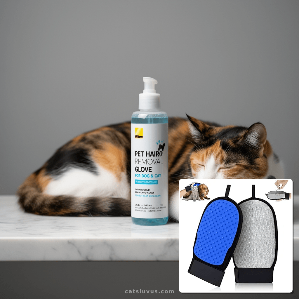 Pet Hair Removal Glove for Dog & Cat with cat - professional product lifestyle photo