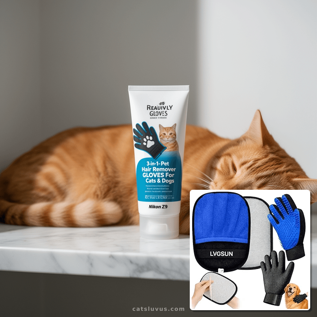 3-in-1-Pet Hair Remover Gloves for Cats & Dogs with cat - professional product lifestyle photo