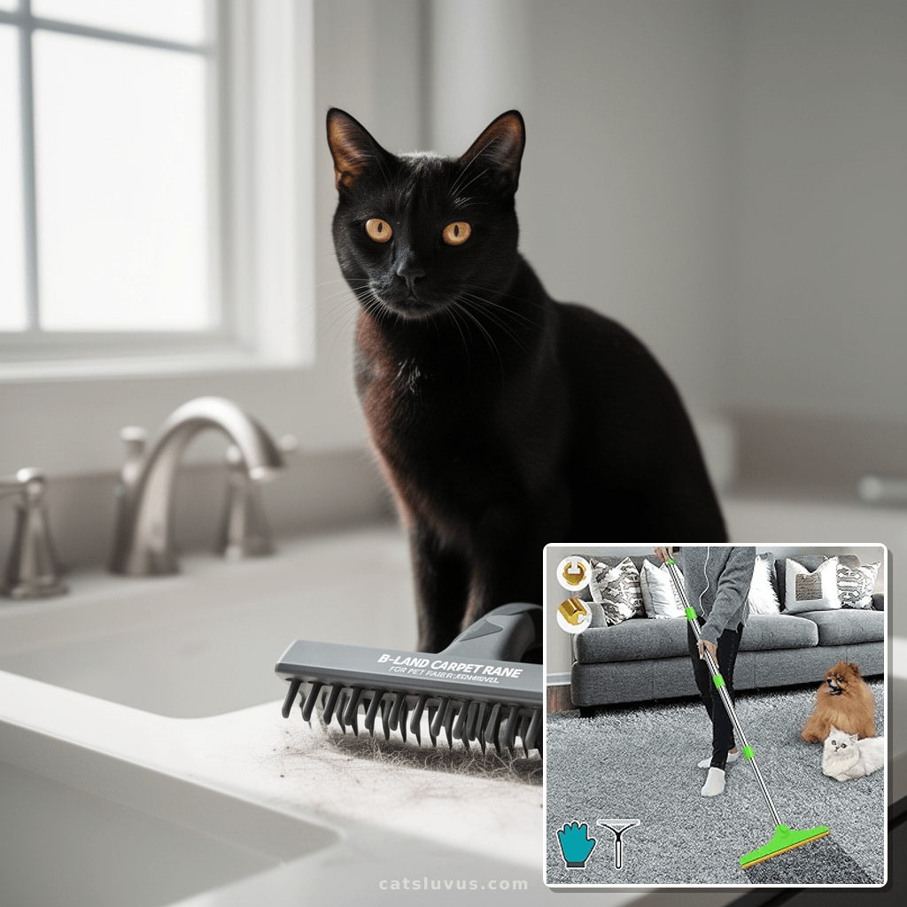 B-Land Carpet Rake for Pet Hair Removal with cat - professional product lifestyle photo