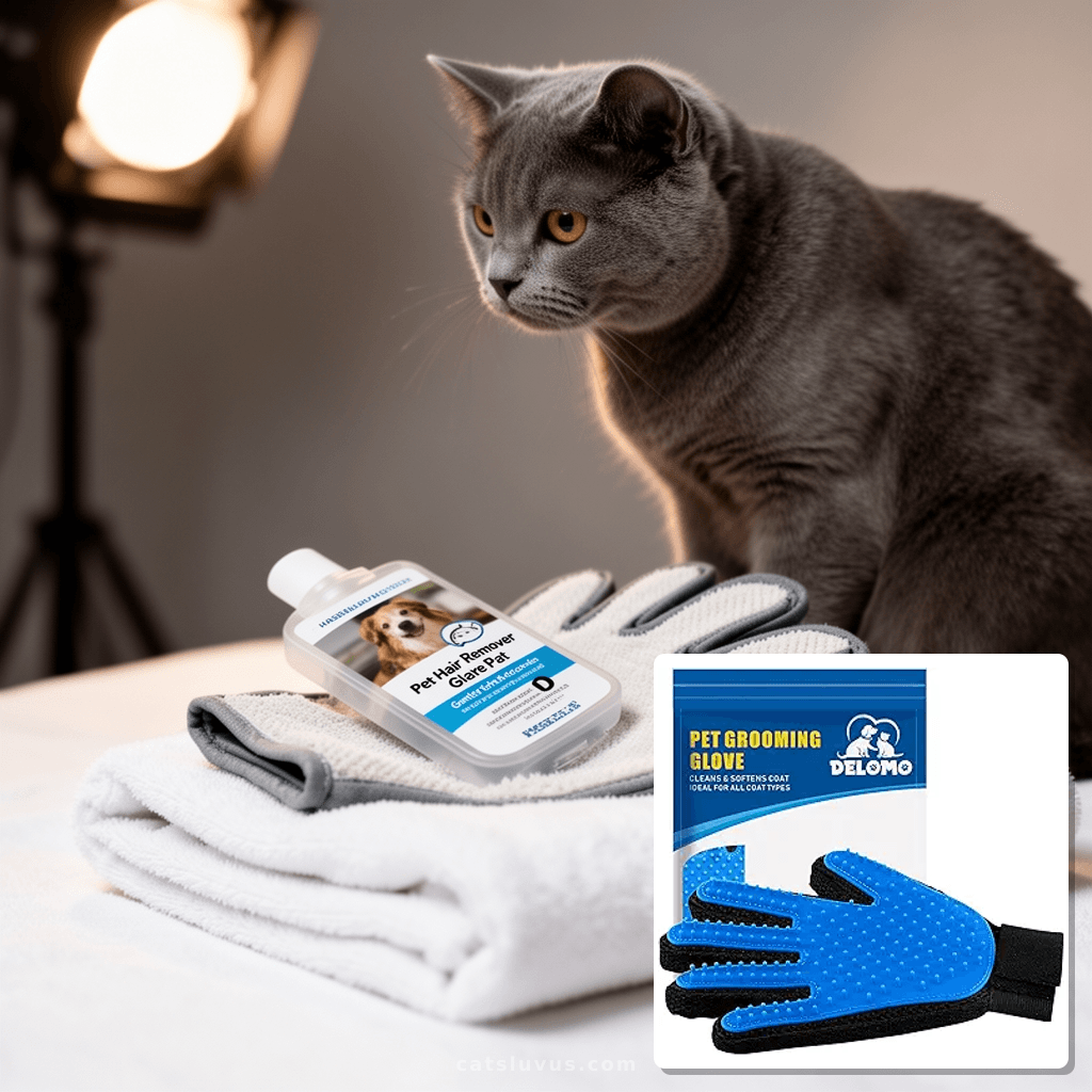 Pet Hair Remover Glove - Gentle Pet Grooming Glove Brush - D with cat - professional product lifestyle photo