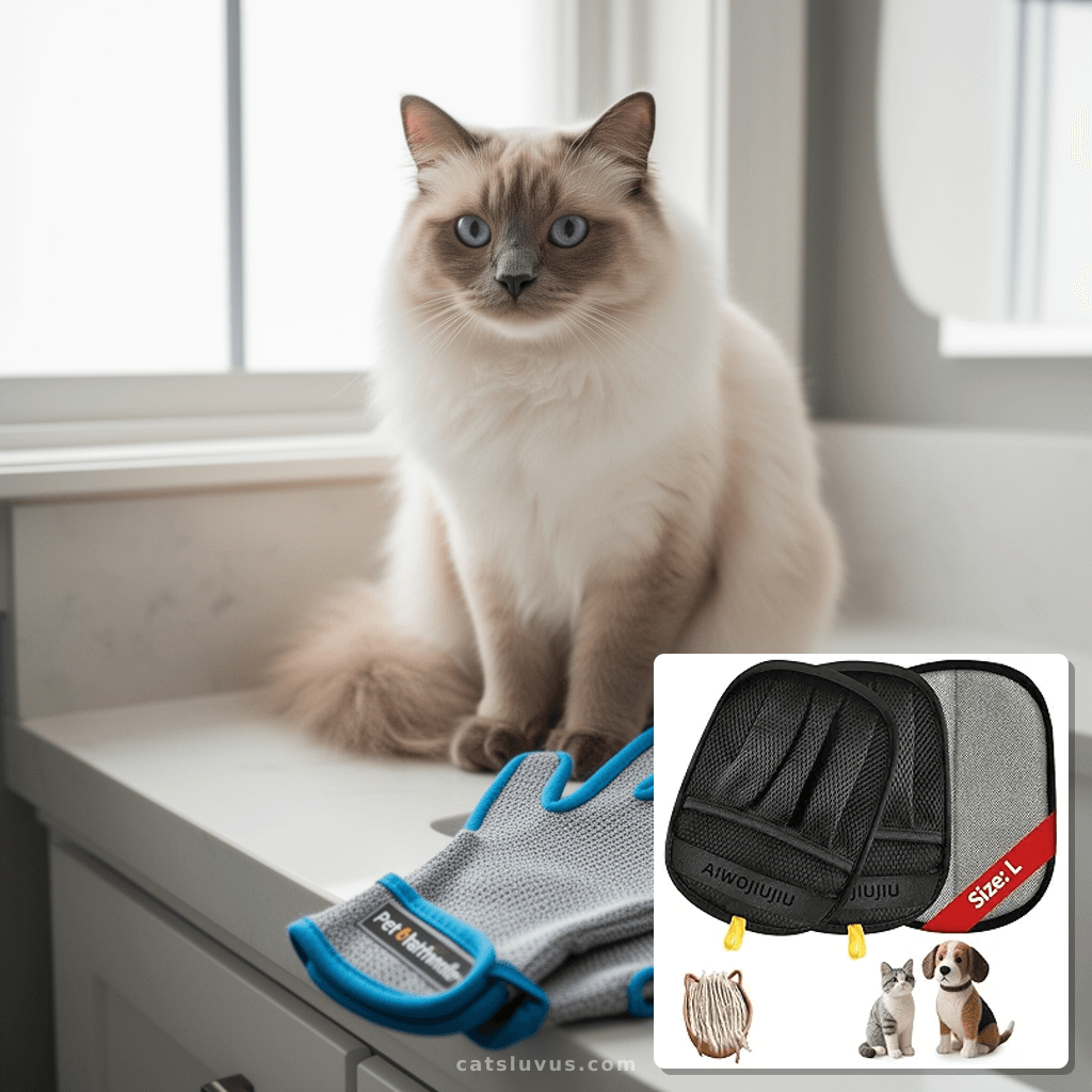 2 PCS Pet Hair Removal Glove for Cats & Dogs with cat - professional product lifestyle photo