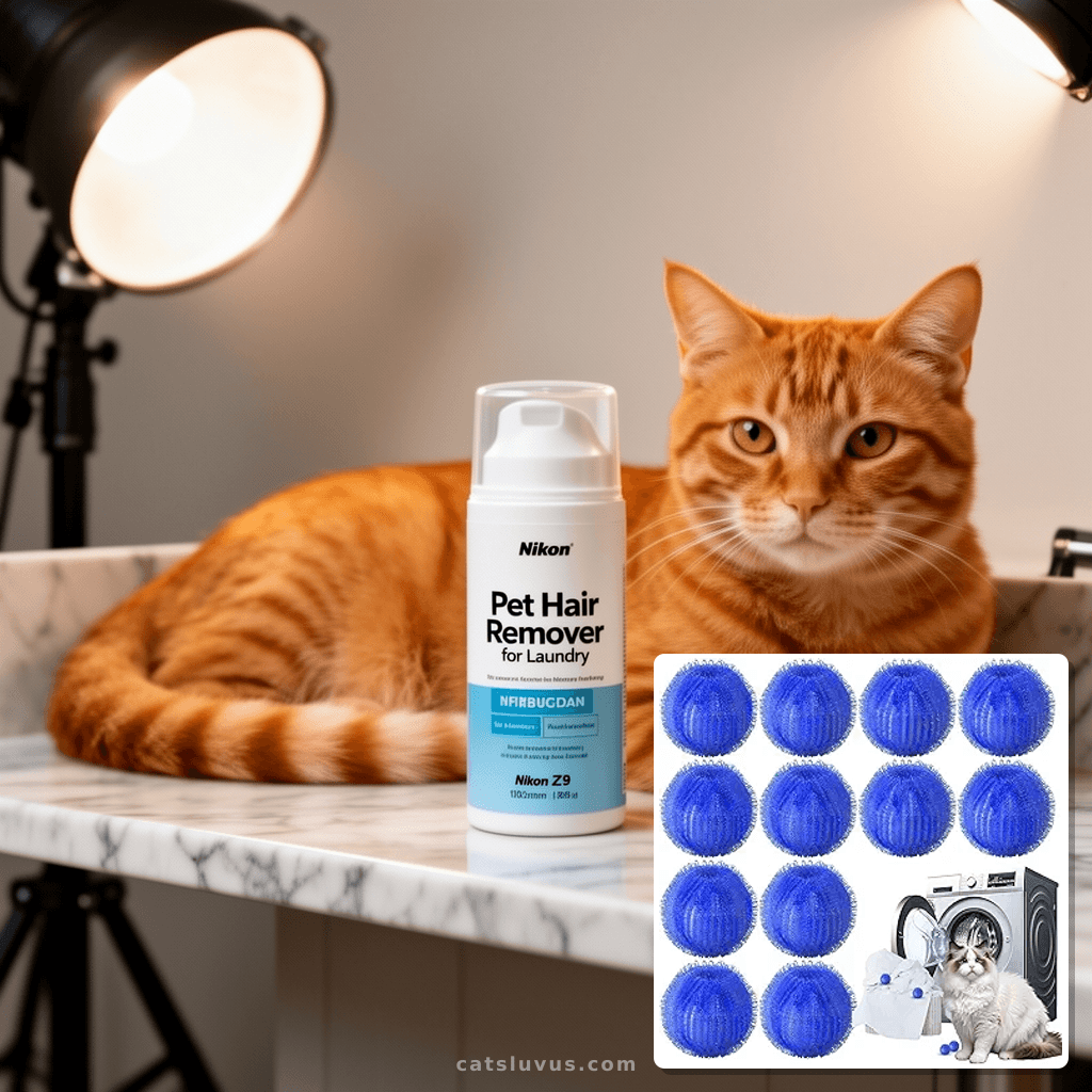 Pet Hair Remover for Laundry with cat - professional product lifestyle photo