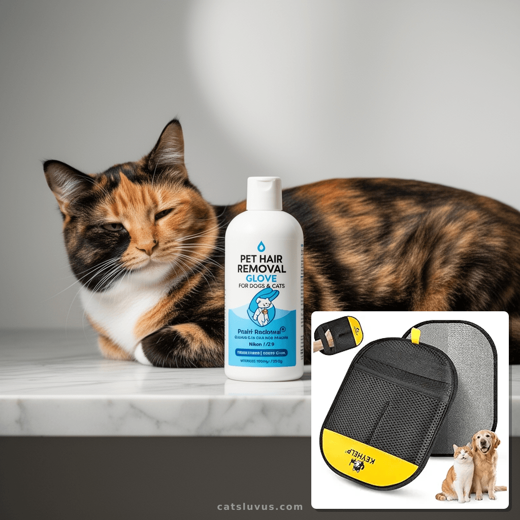 Pet Hair Removal Glove for Dogs & Cats with cat - professional product lifestyle photo