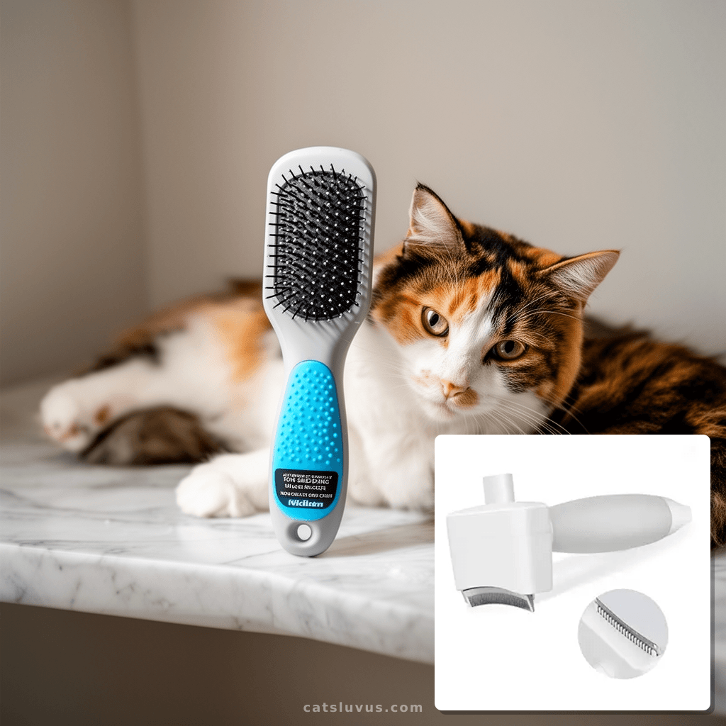 Cat Brush for Shedding with Non-Slip Silicone Grip with cat - professional product lifestyle photo