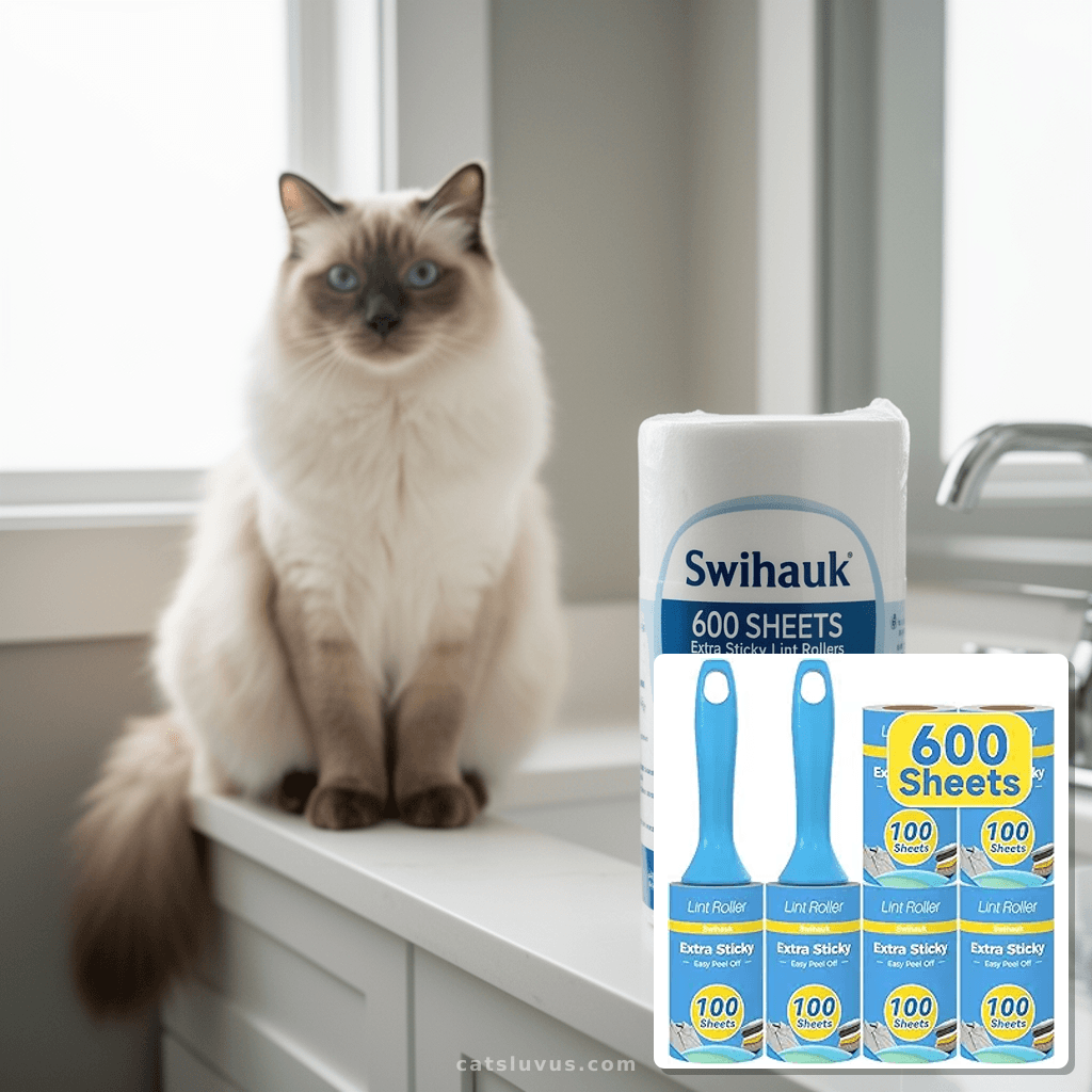 Swihauk 600 Sheets Extra Sticky Lint Rollers for Pet Hair with cat - professional product lifestyle photo