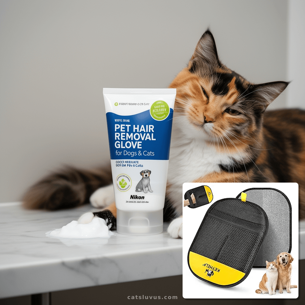 Pet Hair Removal Glove for Dogs & Cats with cat - professional product lifestyle photo