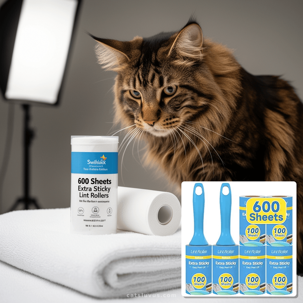 Swihauk 600 Sheets Extra Sticky Lint Rollers for Pet Hair with cat - professional product lifestyle photo