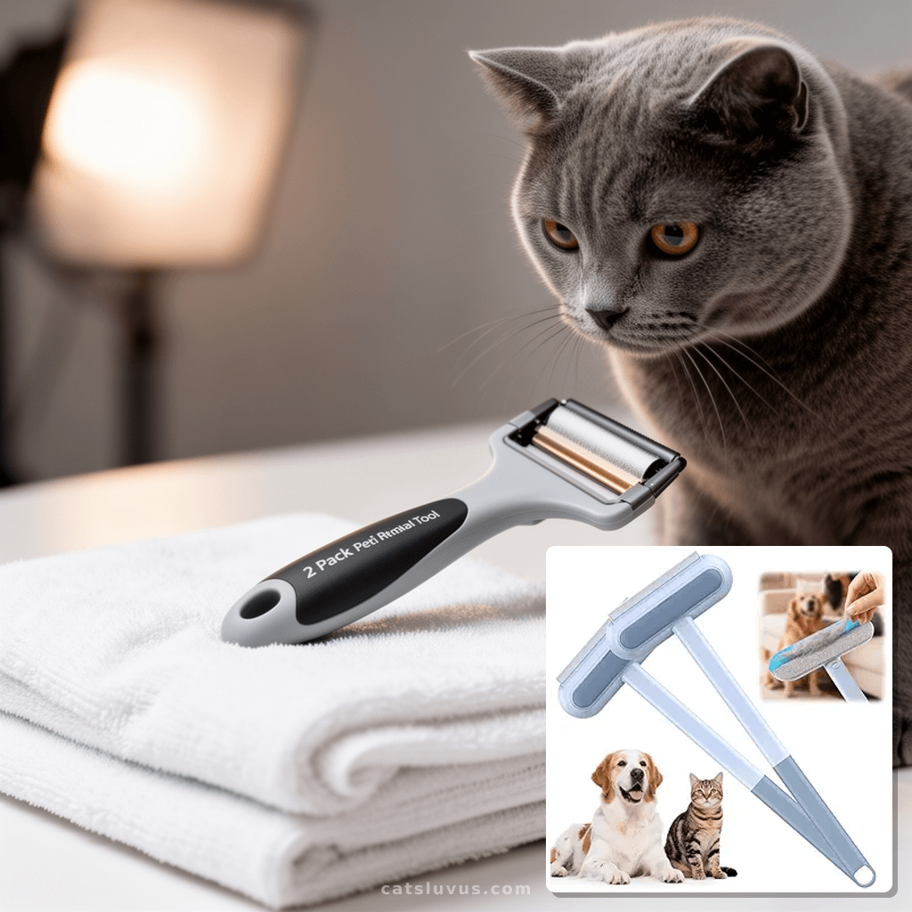 2 Pack Pet Hair Removal Tool with cat - professional product lifestyle photo
