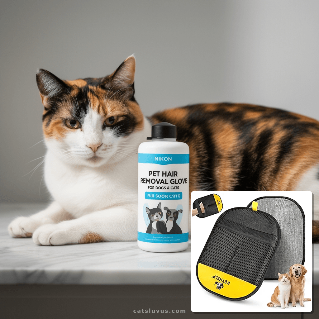 Pet Hair Removal Glove for Dogs & Cats with cat - professional product lifestyle photo