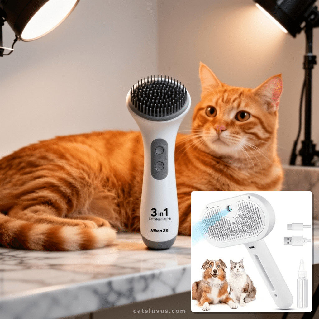 3 in 1 Cat Steam Brush with cat - professional product lifestyle photo