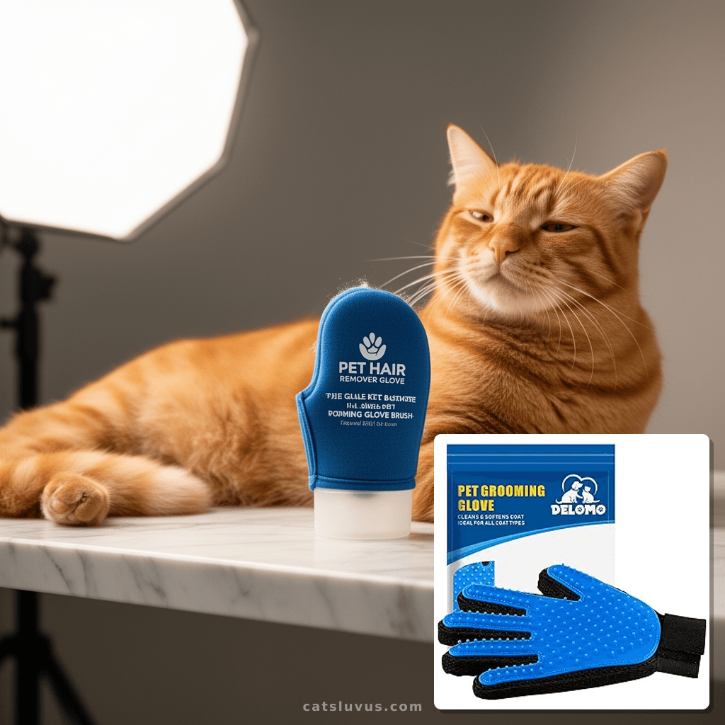 Pet Hair Remover Glove - Gentle Pet Grooming Glove Brush - with cat - professional product lifestyle photo