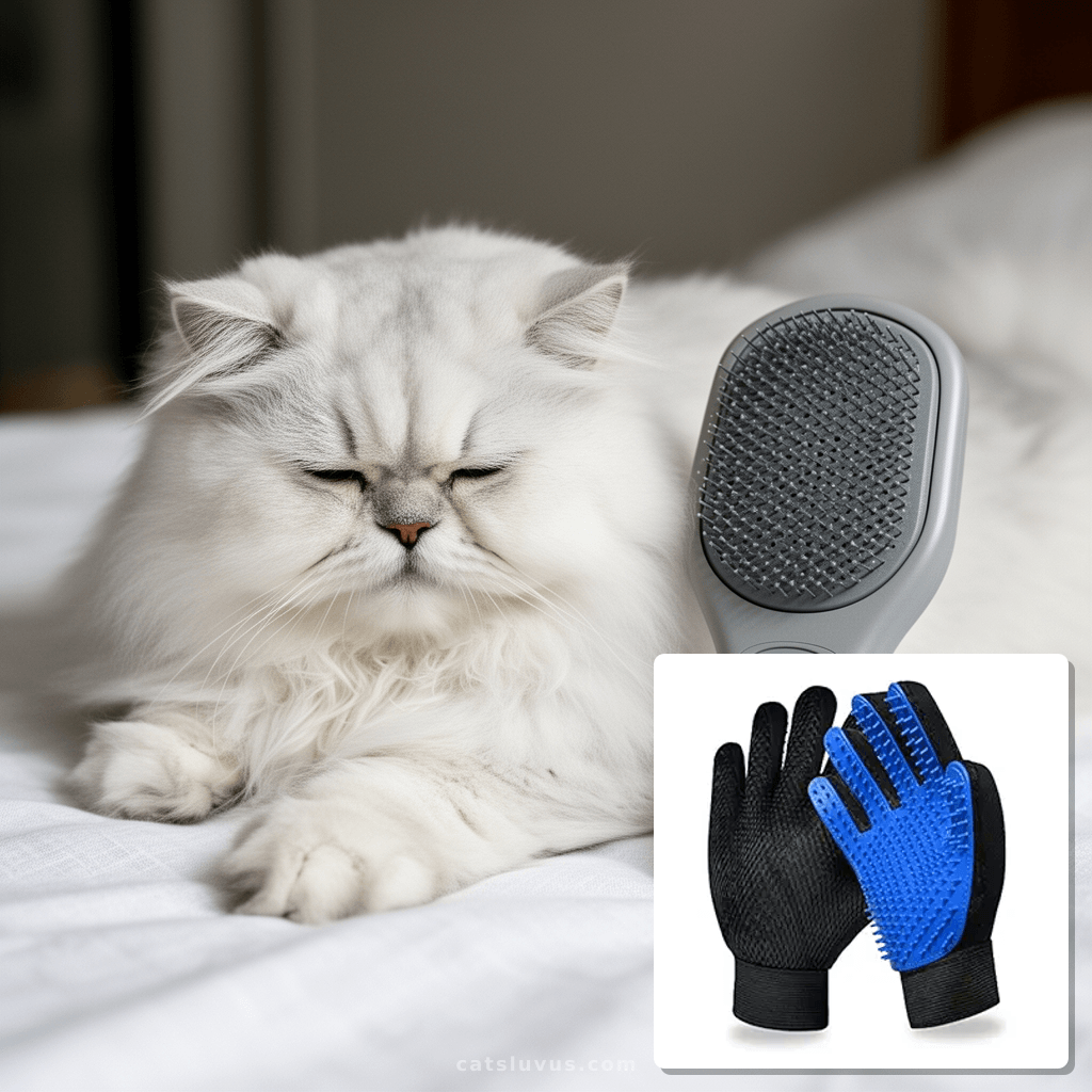 GJEASE Cat Grooming Glove Brush with cat - professional product lifestyle photo