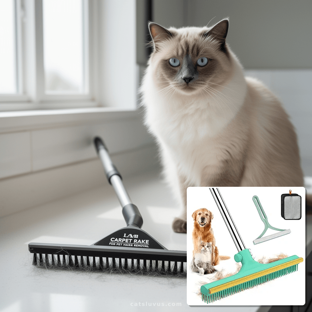 Carpet Rake for Pet Hair Removal - 60" Adjustable Long with cat - professional product lifestyle photo