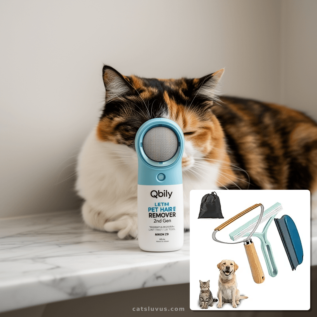 Qbily Pet Hair Remover 2nd Gen  - Reusable Lint Removal Tool with cat - professional product lifestyle photo